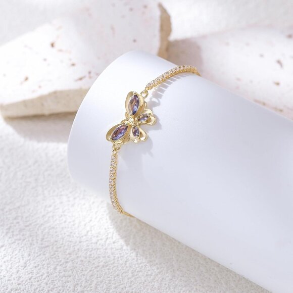 Women's Purple Butterfly Dainty Trendy Adjustable Tennis Slide Bracelet Jewelry - Picture 4 of 6